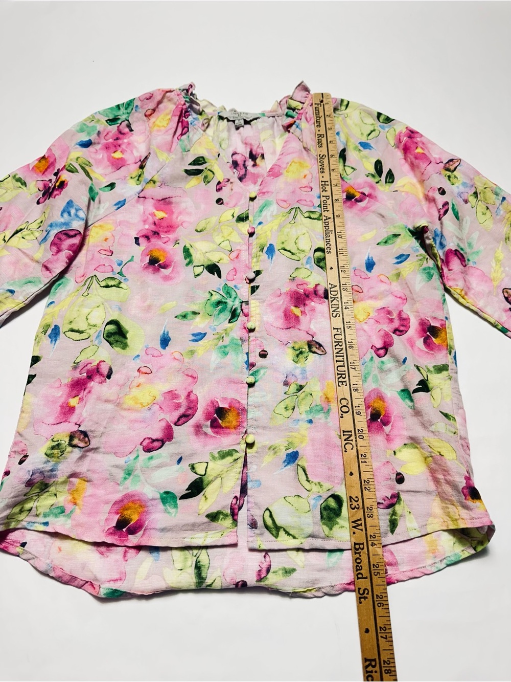 Linen Cotton Floral Blouse S Watercolor Cottagecore Romantic Boho Top - Picture 3 of 10
